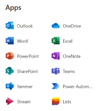 Een menu met apps die kunnen worden geopend vanuit het SharePoint Beheer Center