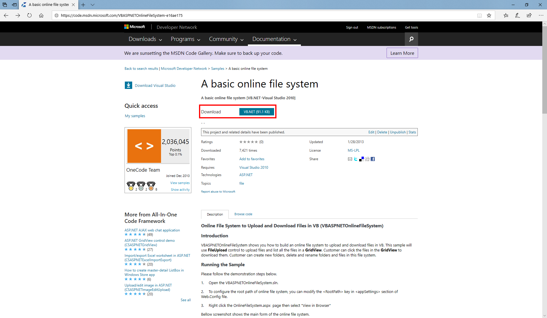 MSDN-codegalerie sample_download_button
