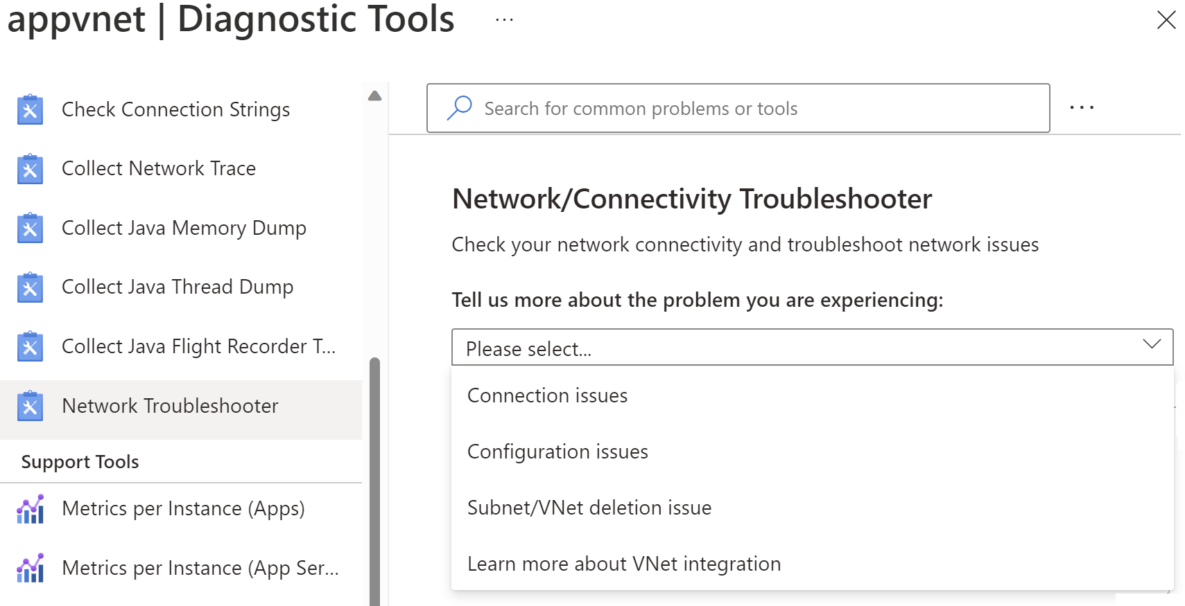 Schermopname van het openen van probleemoplosser voor netwerken in de Azure Portal.