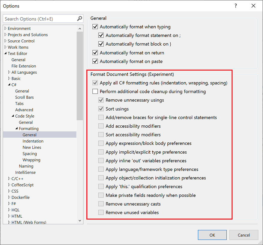 Screenshot of code style settings for format document.