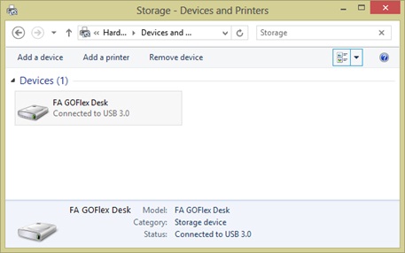 Screenshot that shows "Storage - Devices and Printers" with a device selected that has a "Connected to U S B 3.0" message displayed.