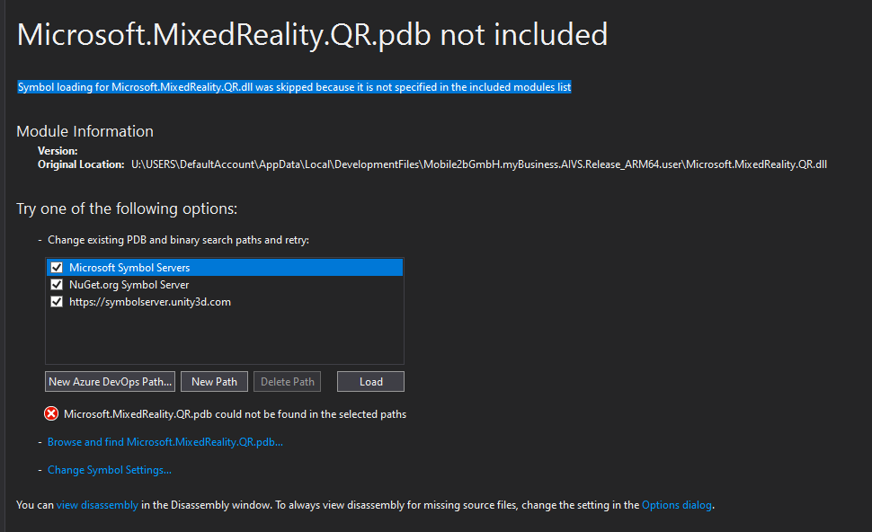 Foutbericht Microsoft.MixedReality.QR.pdb niet gevonden