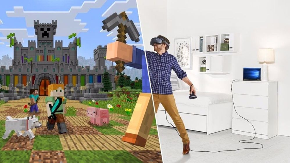 Schermopname van Minecraft die wordt afgespeeld door een gebruiker die een mixed reality-headset draagt