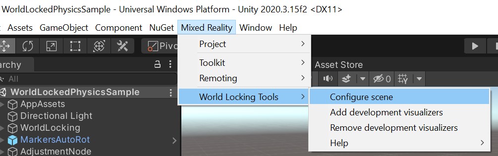 Unity-editor met Mixed Reality toolkitmenu geselecteerd