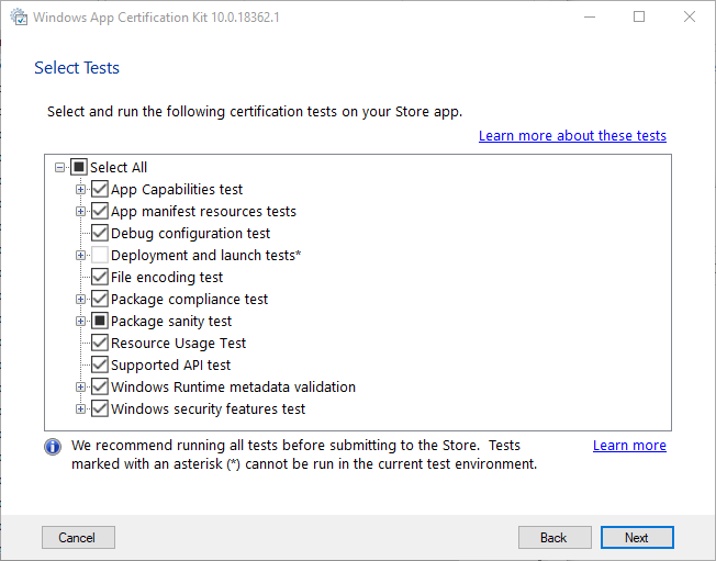 Schermopname van test select in Windows App Certification Kit