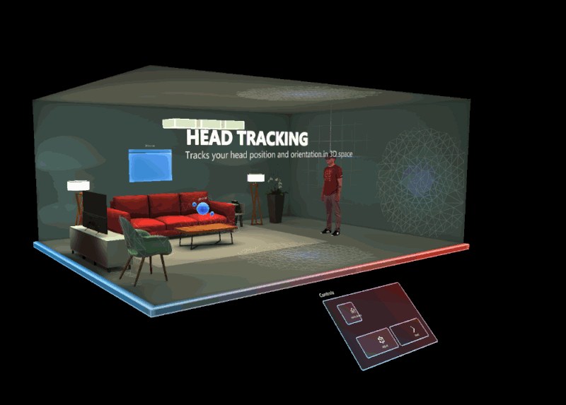 GIF-animatie van de scène voor het volgen van het hoofd in de demoruimte Van hologrammen ontwerpen