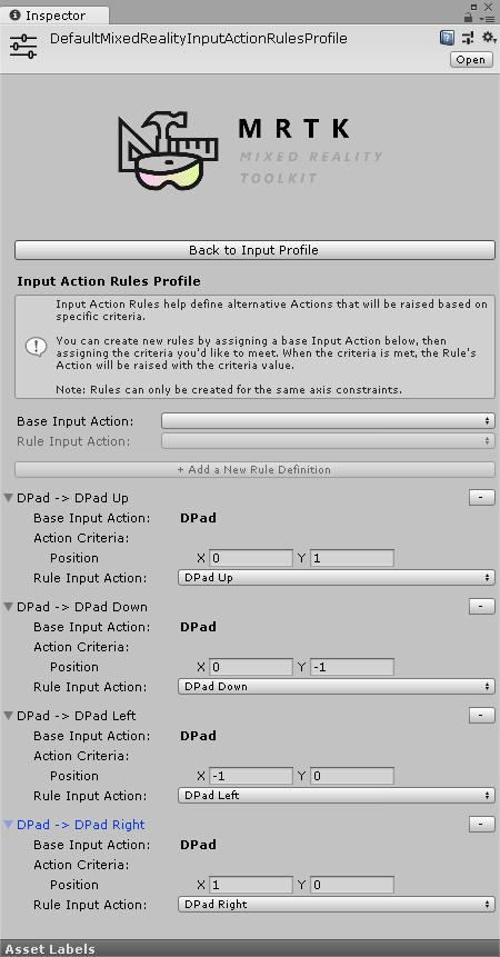Input action rules profile