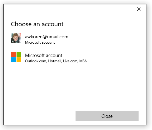 Screenshot of the Choose an account window with accounts listed.