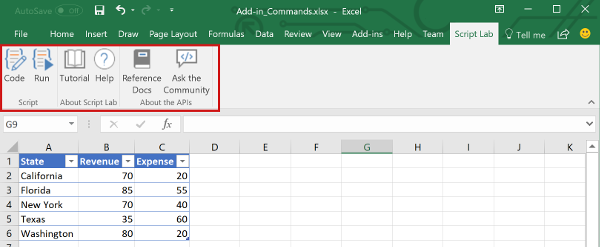 Add-in commands in Excel.
