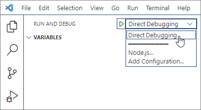 The Direct Debugging option selected from configuration options in the Visual Studio Code Debug dropdown.