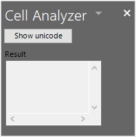 The Cell Analyzer VSTO add-in running in Excel with the "Show unicode" button and empty Result section.