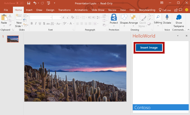 The PowerPoint add-in with the Insert Image button highlighted.