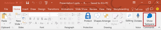 The Show Taskpane button highlighted on the Home ribbon in PowerPoint.