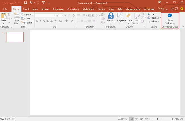 PowerPoint with the Show Taskpane ribbon button highlighted.