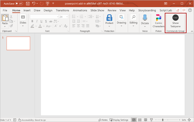 PowerPoint with the Show Taskpane button highlighted.