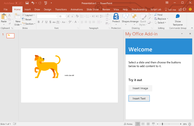 PowerPoint with an image of a dog and the text 'Hello World` on the slide.