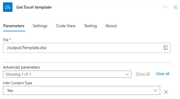 The completed OneDrive for Business connector in the action task pane, renamed to be Get Excel template.