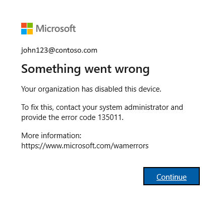 Screenshot of error 135011.