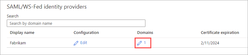 Zrzut ekranu przedstawiający link do dodawania domen do dostawcy tożsamości SAML/WS-Fed.