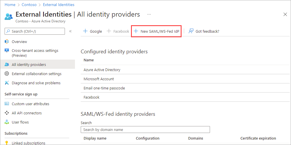 Zrzut ekranu przedstawiający przycisk dodawania nowego dostawcy tożsamości SAML lub WS-Fed.