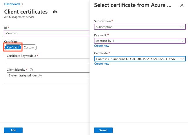 Zrzut ekranu przedstawiający dodawanie certyfikatu magazynu kluczy do usługi API Management w portalu.