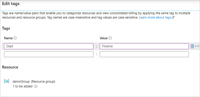 Zrzut ekranu przedstawiający Azure Portal z otwartym oknom dialogowym Dodawanie tagu.