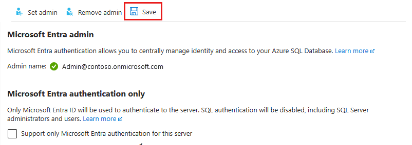 Screenshot of the Active Directory admin page with the Save button in the top row next to the Set admin and Remove admin buttons.