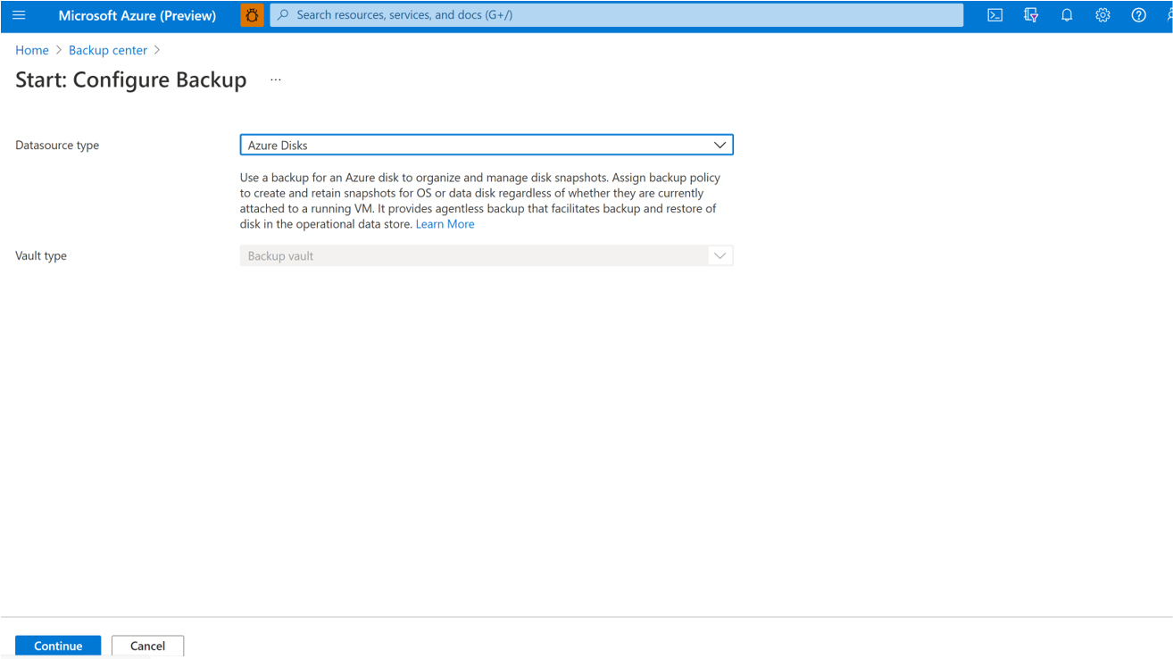 Zrzut ekranu przedstawiający proces wybierania pozycji Dyski platformy Azure jako typ ochrony danych.