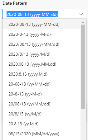Zrzut ekranu przedstawiający opcje listy rozwijanej Wzorzec daty w okienku Czas i ustawienia regionalne.