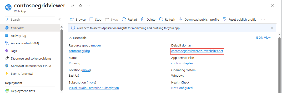 Zrzut ekranu przedstawiający stronę usługi App Service z wyróżnionym linkiem do witryny.