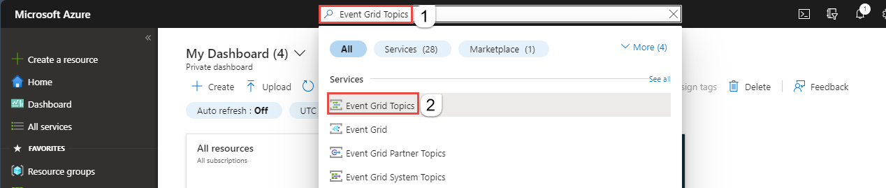 Zrzut ekranu przedstawiający pasek wyszukiwania portów platformy Azure do wyszukiwania tematów usługi Event Grid.