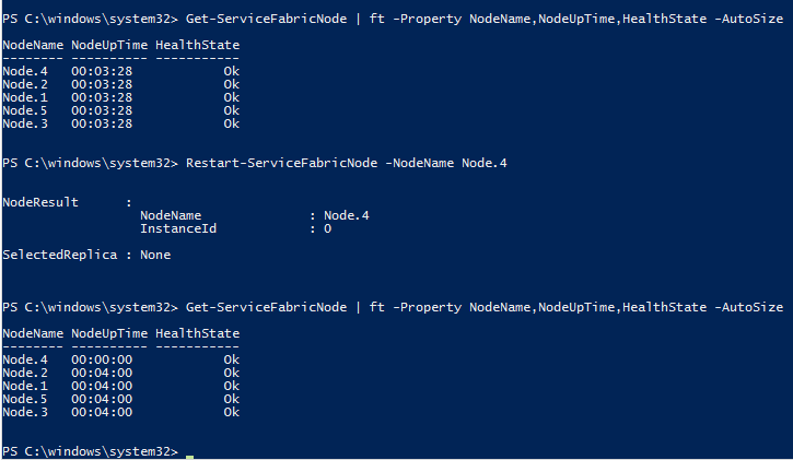 Zrzut ekranu przedstawiający uruchamianie polecenia Restart-ServiceFabricNode w programie PowerShell.