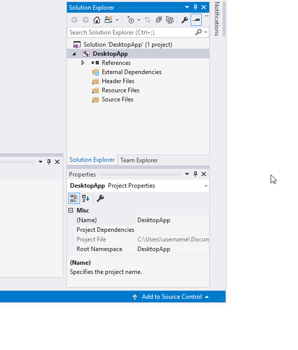 Animacja przedstawiająca dodawanie nowego elementu do projektu DesktopApp w programie Visual Studio 2015.