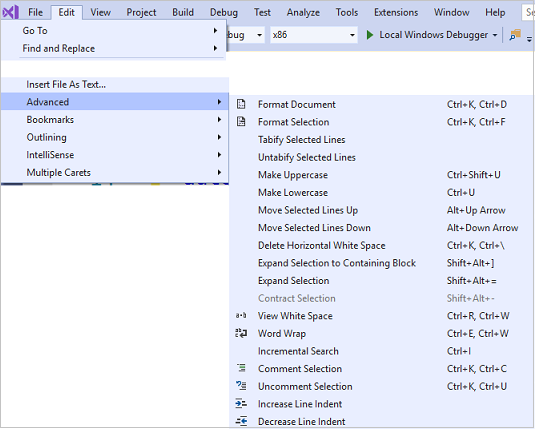 Screenshot showing C++ advanced editing options.