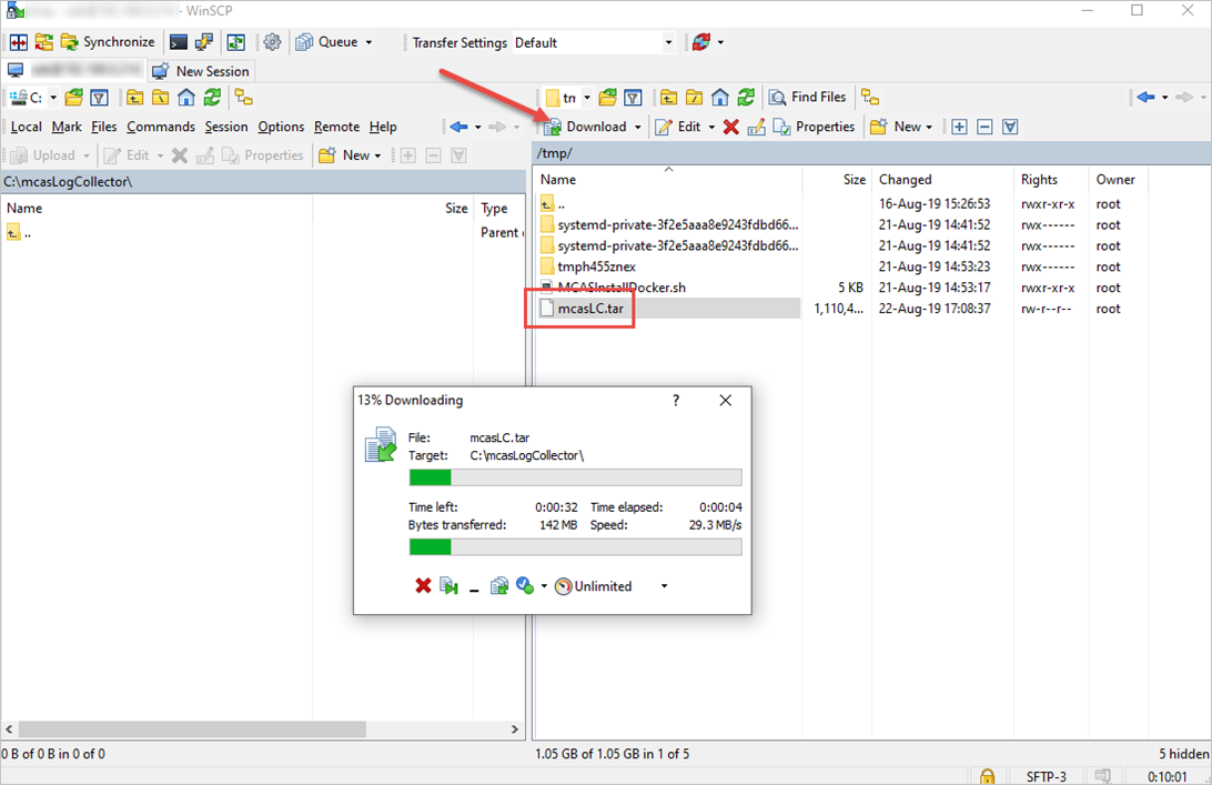 Zrzut ekranu przedstawiający pobieranie modułu zbierającego dzienniki na komputer z systemem Windows.