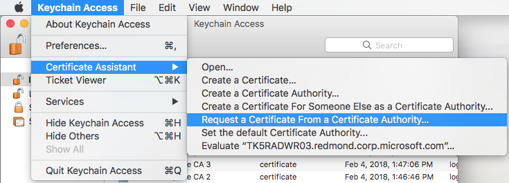 Żądanie certyfikatu od urzędu certyfikacji w programie Keychain Access