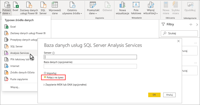 Zrzut ekranu przedstawiający wybrane usługi Power BI Desktop Analysis Services. Połączenie na żywo jest wyróżniona w oknie dialogowym bazy danych usług analysis services.