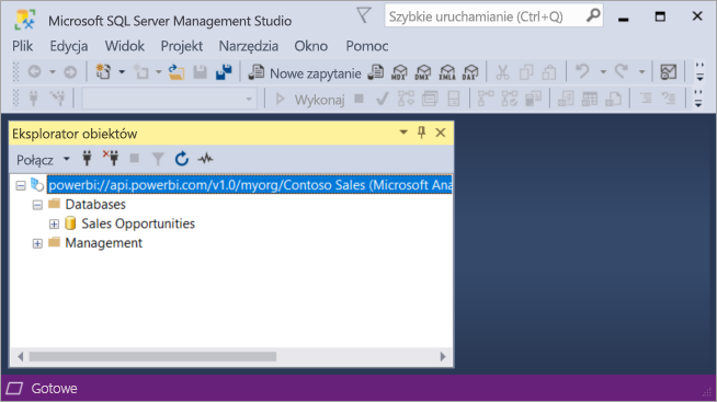 Zrzut ekranu przedstawiający okno programu Microsoft SQL Server Management Studio. Eksplorator obiektów znajduje się w okienku głównym.