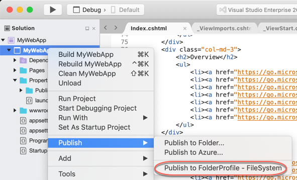 Publish context menu with folder profile