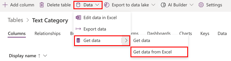 Zrzut ekranu przedstawiający wyświetlanie funkcji Pobierz dane z programu Excel.