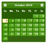 Zrzut ekranu przedstawiający stronę kalendarza z października 2010 r. stylizowana przy użyciu motywu Le-Frog.
