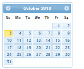 Zrzut ekranu przedstawiający stronę kalendarza z października 2010 r. stylizowana przy użyciu motywu Redmond.
