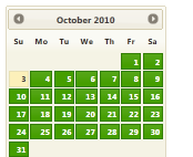 Zrzut ekranu przedstawiający stronę kalendarza z października 2010 r. stylizowana przy użyciu motywu South-Street.