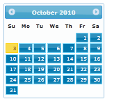 Zrzut ekranu przedstawiający stronę kalendarza z października 2010 r. stylizowana przy użyciu motywu startowego.
