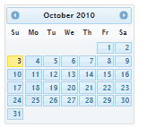 Zrzut ekranu przedstawiający stronę kalendarza z października 2010 r. stylizowana przy użyciu motywu Cupertino.
