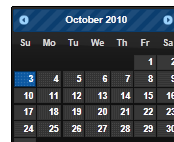 Zrzut ekranu przedstawiający stronę kalendarza z października 2010 r. stylizowana przy użyciu motywu Dot-Luv.