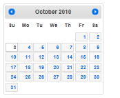 Zrzut ekranu przedstawiający stronę kalendarza z października 2010 r. stylizowana przy użyciu motywu Flick.