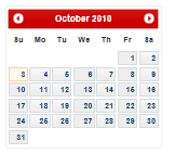 Zrzut ekranu przedstawiający stronę kalendarza z października 2010 r. stylizowana przy użyciu motywu Blitzer.