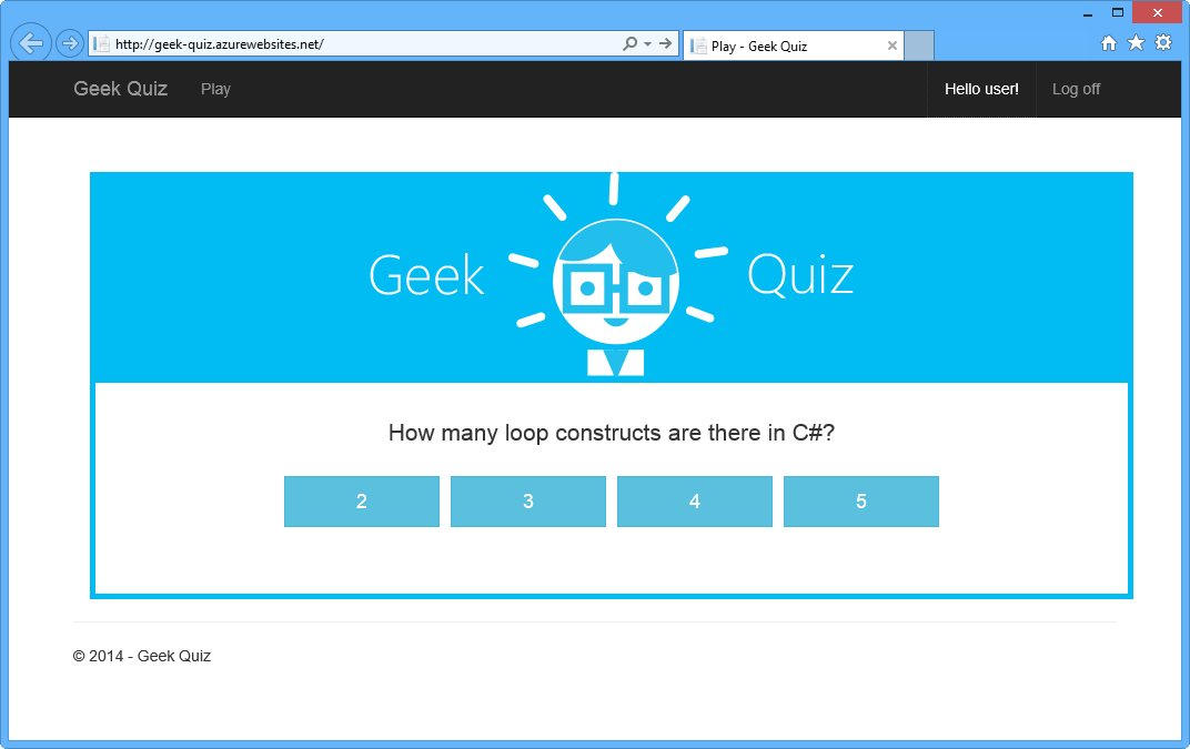 Wyświetlanie aplikacji internetowej Geek Quiz z obrazem Przedstawiający