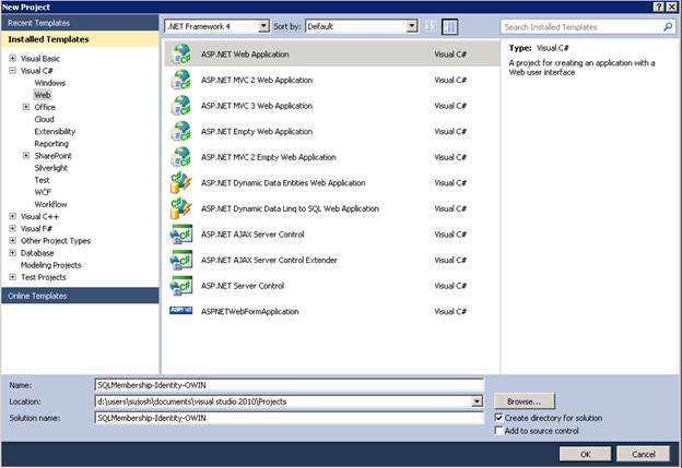 Zrzut ekranu przedstawiający tworzenie aplikacji internetowej w programie Visual Studio 2010.